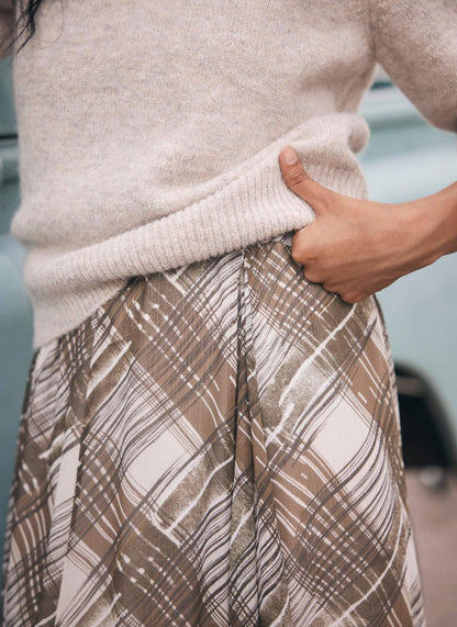 Brown Layered Knit Checked Print Midi Dress