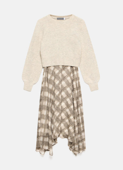Brown Layered Knit Checked Print Midi Dress