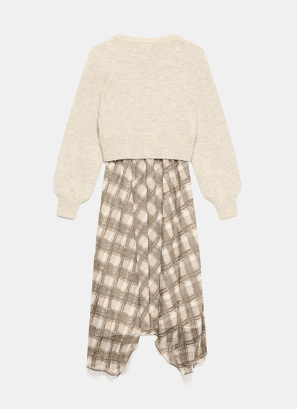 Brown Layered Knit Checked Print Midi Dress