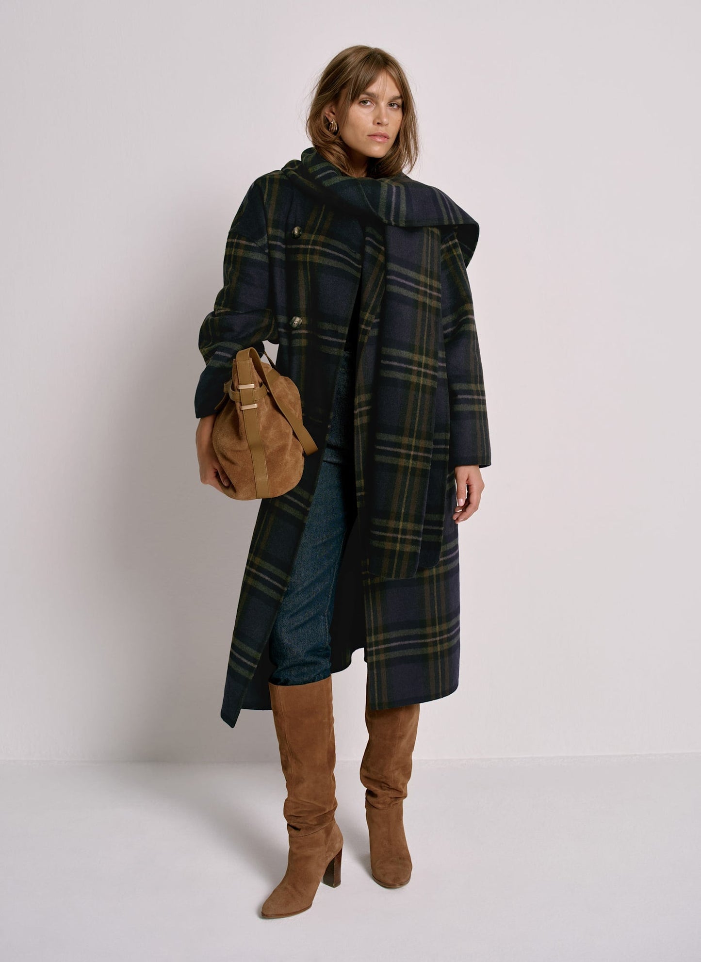 Navy Check Hand Finished Scarf Detail Coat