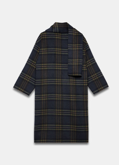 Navy Check Hand Finished Scarf Detail Coat