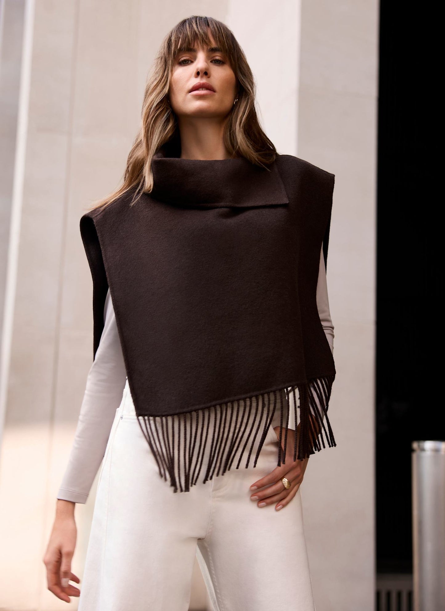 Brown Wool Blend Fringed Poncho