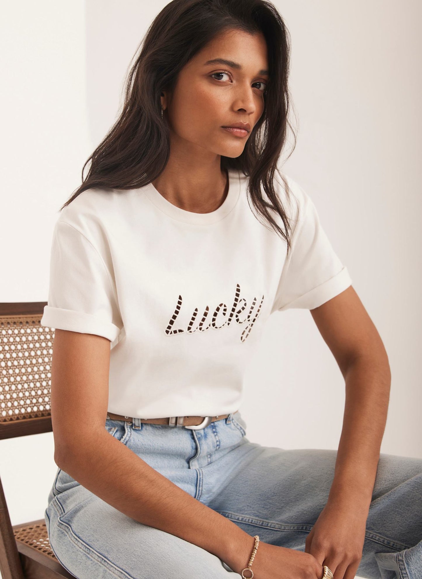 Cream Cotton Cut Out Lucky T-Shirt