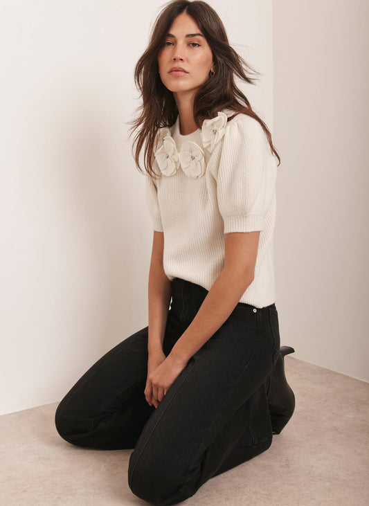 Cream Flower Knit Top