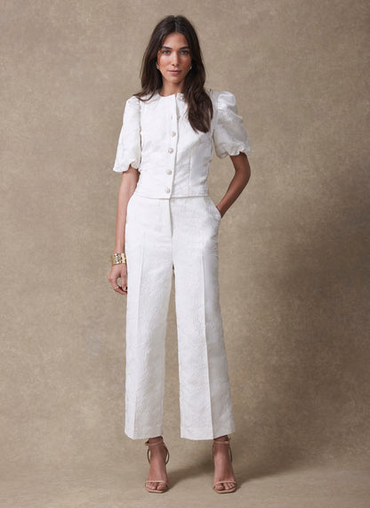 Cream Jacquard Slim Trousers