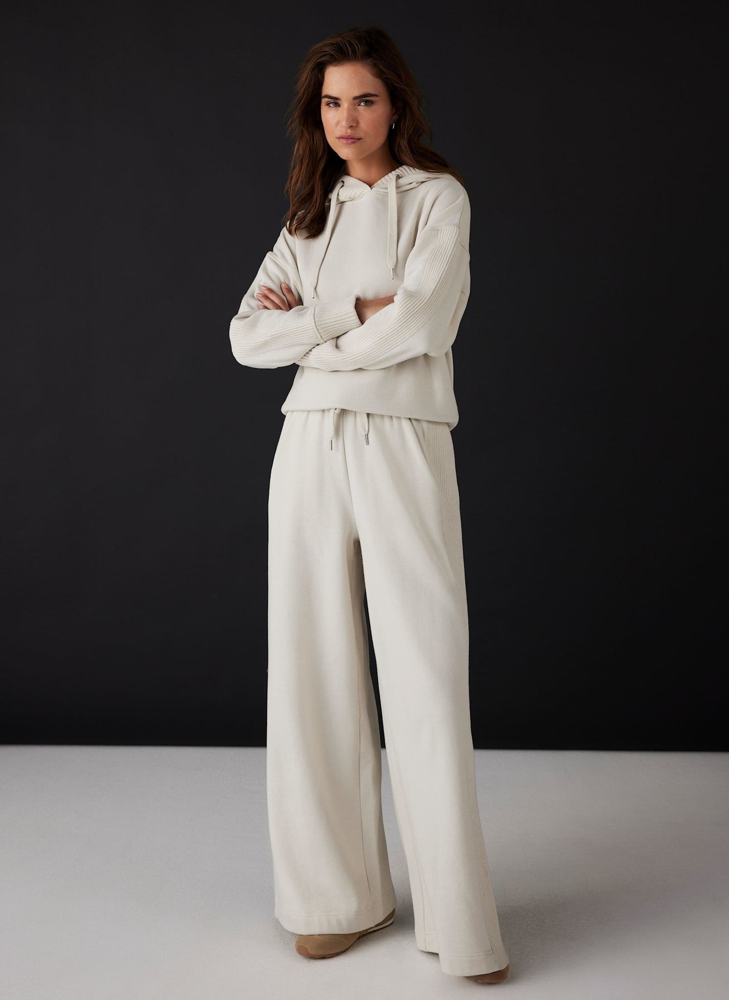 Cream Cotton Blend Wide Leg Joggers