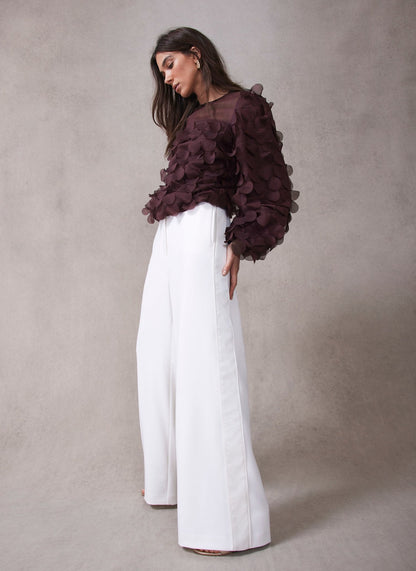 White Satin Stripe Wide Trousers