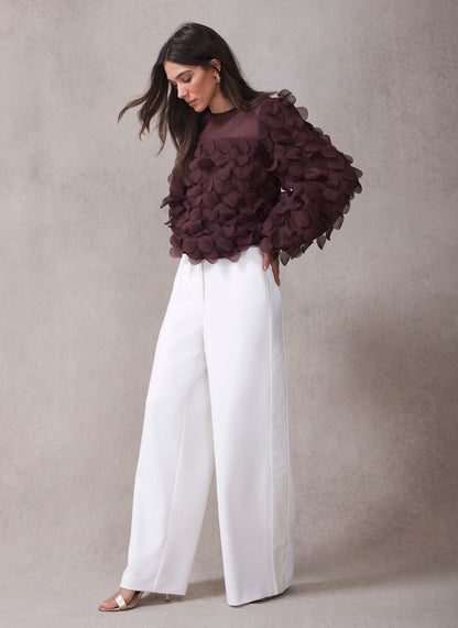 White Satin Stripe Wide Trousers