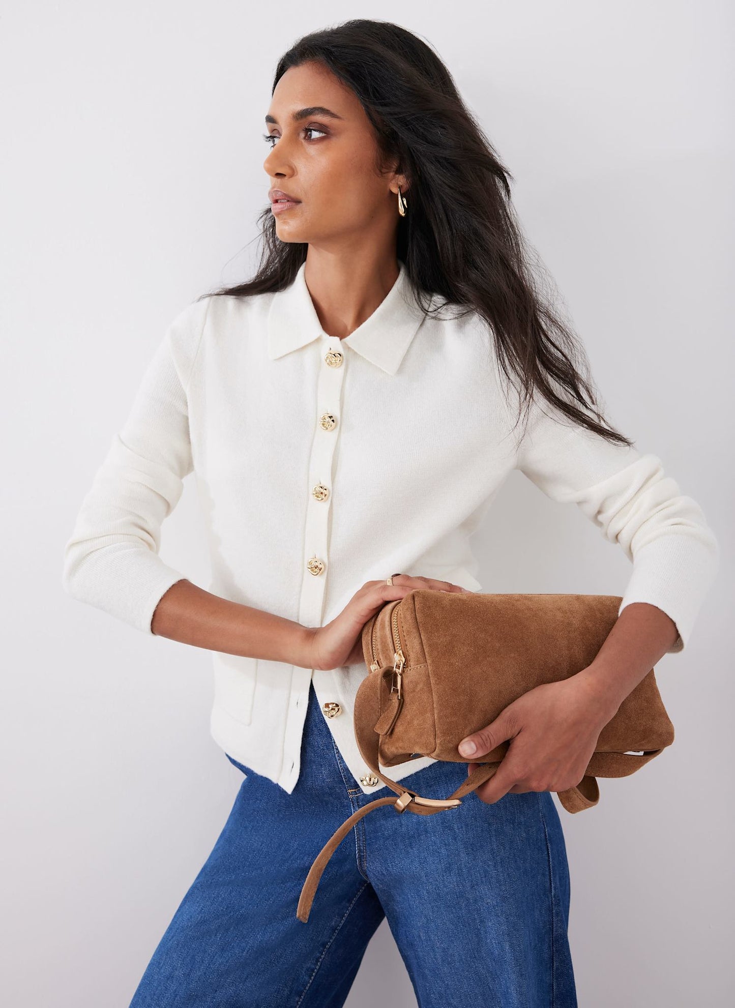 Cream Cotton Blend Collar Cardigan