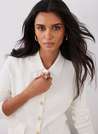 Cream Cotton Blend Collar Cardigan