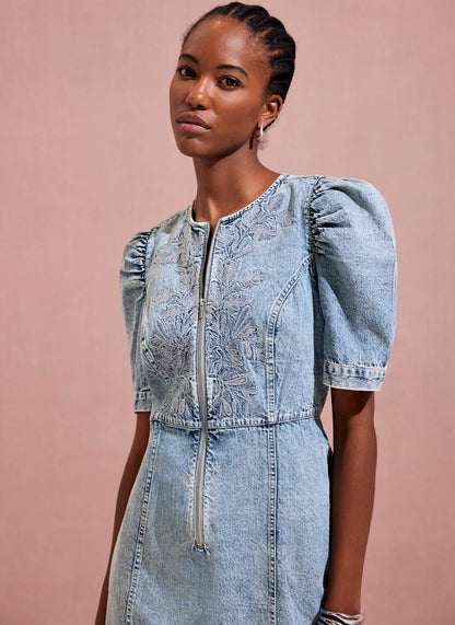 Indigo Embroidered Denim Mini Dress