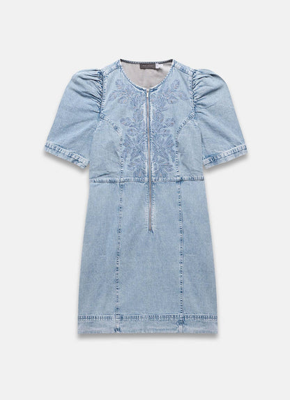 Indigo Embroidered Denim Mini Dress