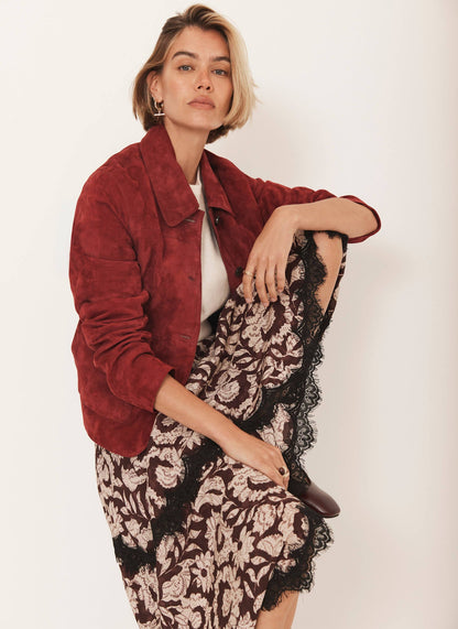 Burgundy Floral Print Lace Trim Skirt