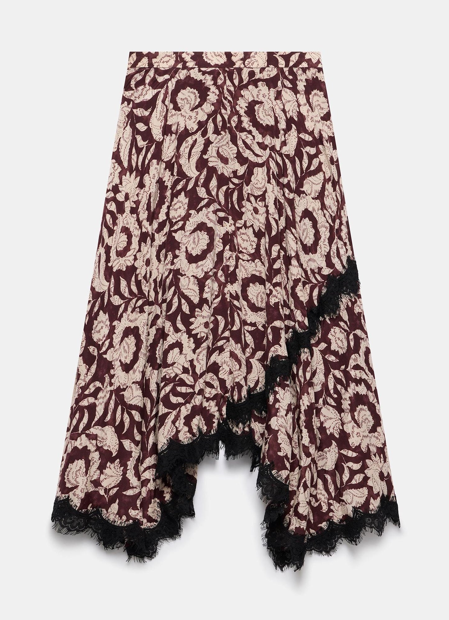 Burgundy Floral Print Lace Trim Skirt