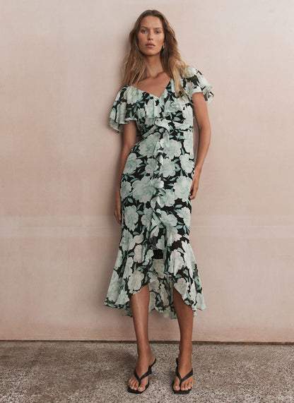 Green Floral Print Ruffle Midi Dress