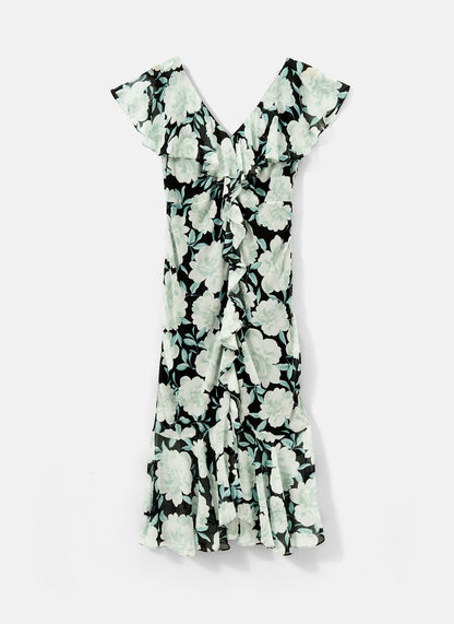 Green Floral Print Ruffle Midi Dress