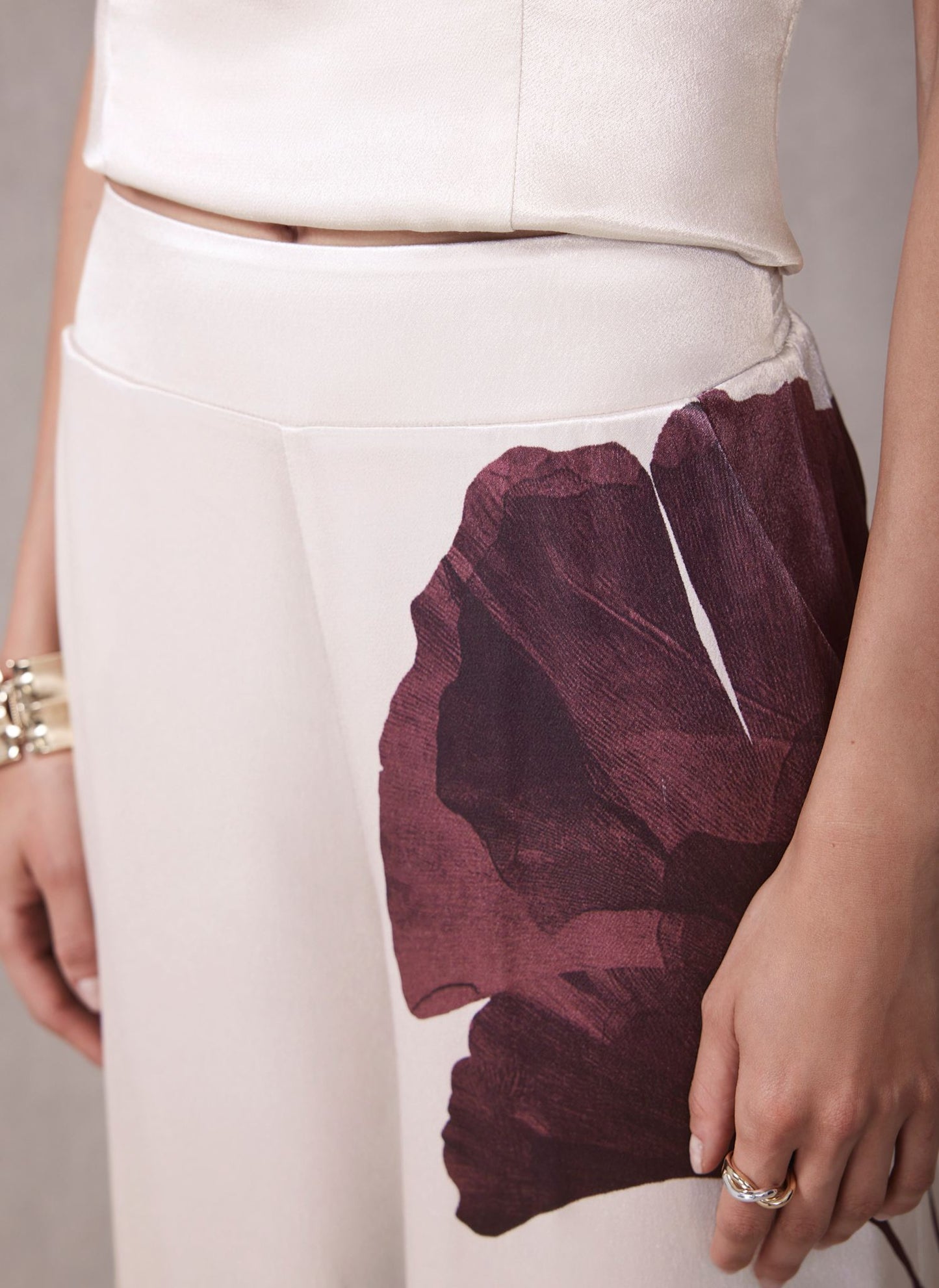 Burgundy Floral Print Satin Trouser