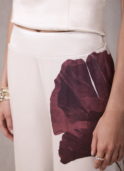 Burgundy Floral Print Satin Trouser