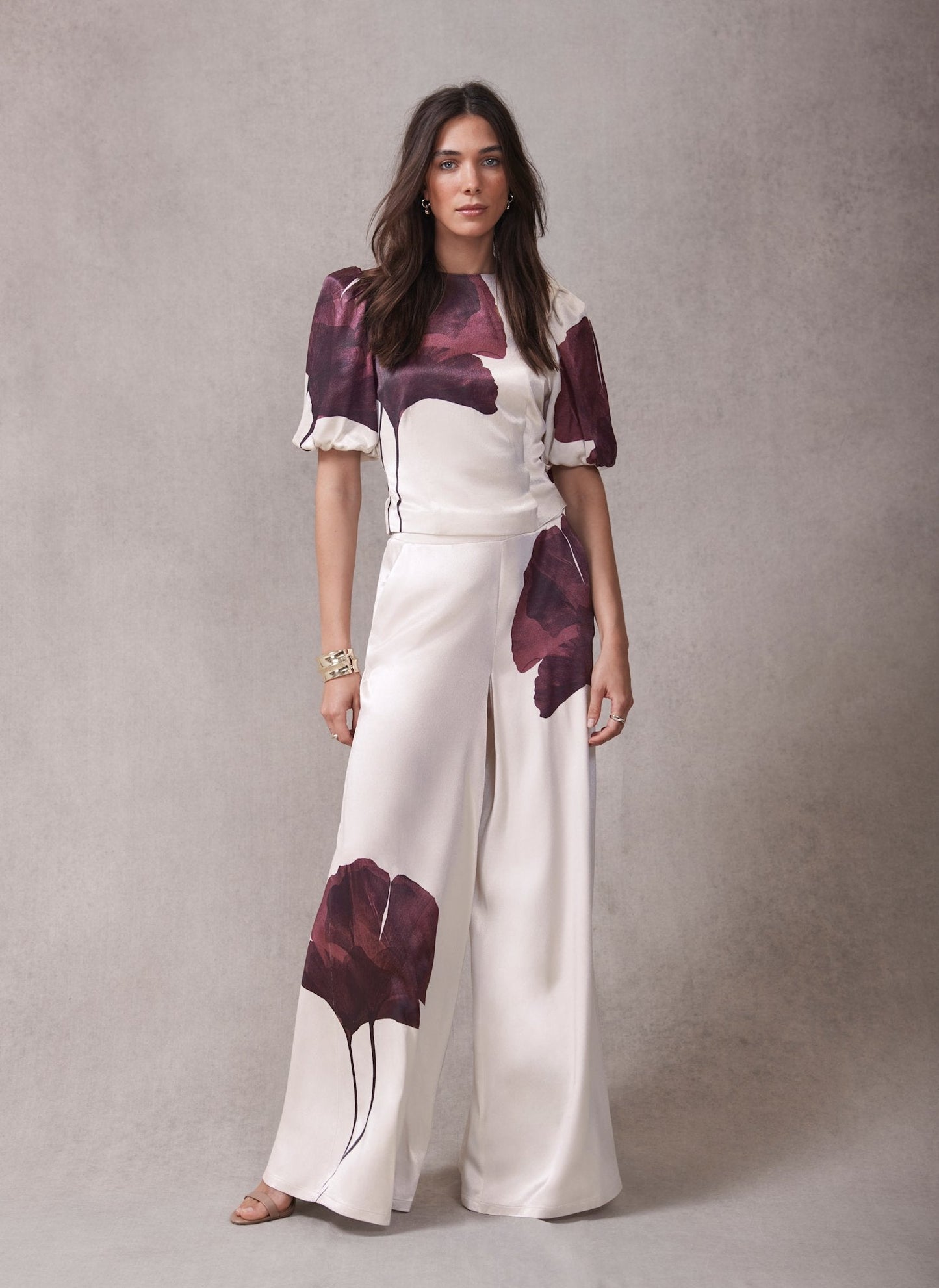 Burgundy Floral Print Satin Trouser