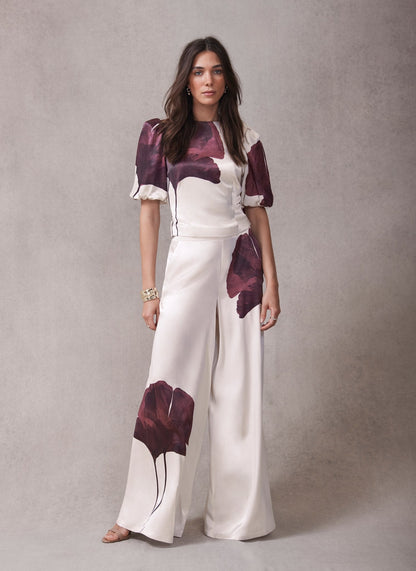 Burgundy Floral Print Satin Trouser