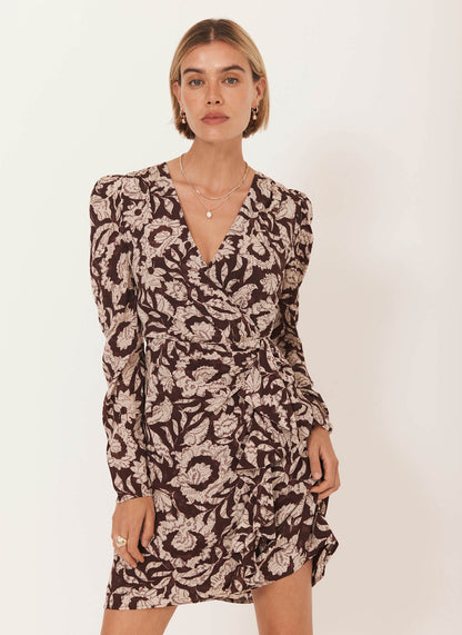 Burgundy Floral Print Wrap Dress