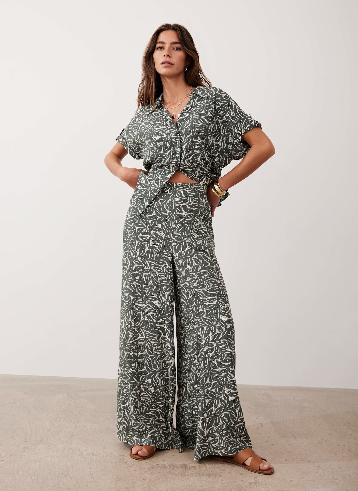 Green Leaf Print Wide Trousers