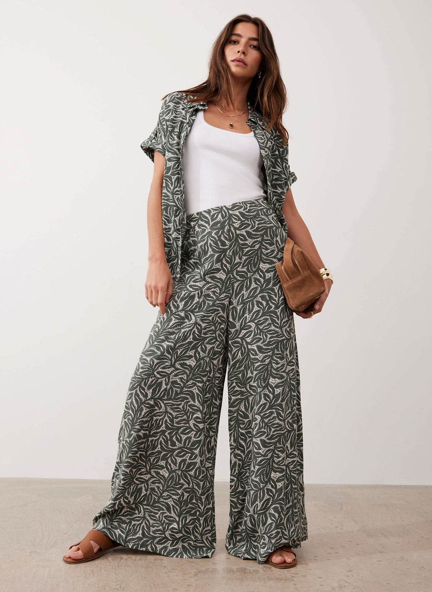 Green Leaf Print Wide Trousers
