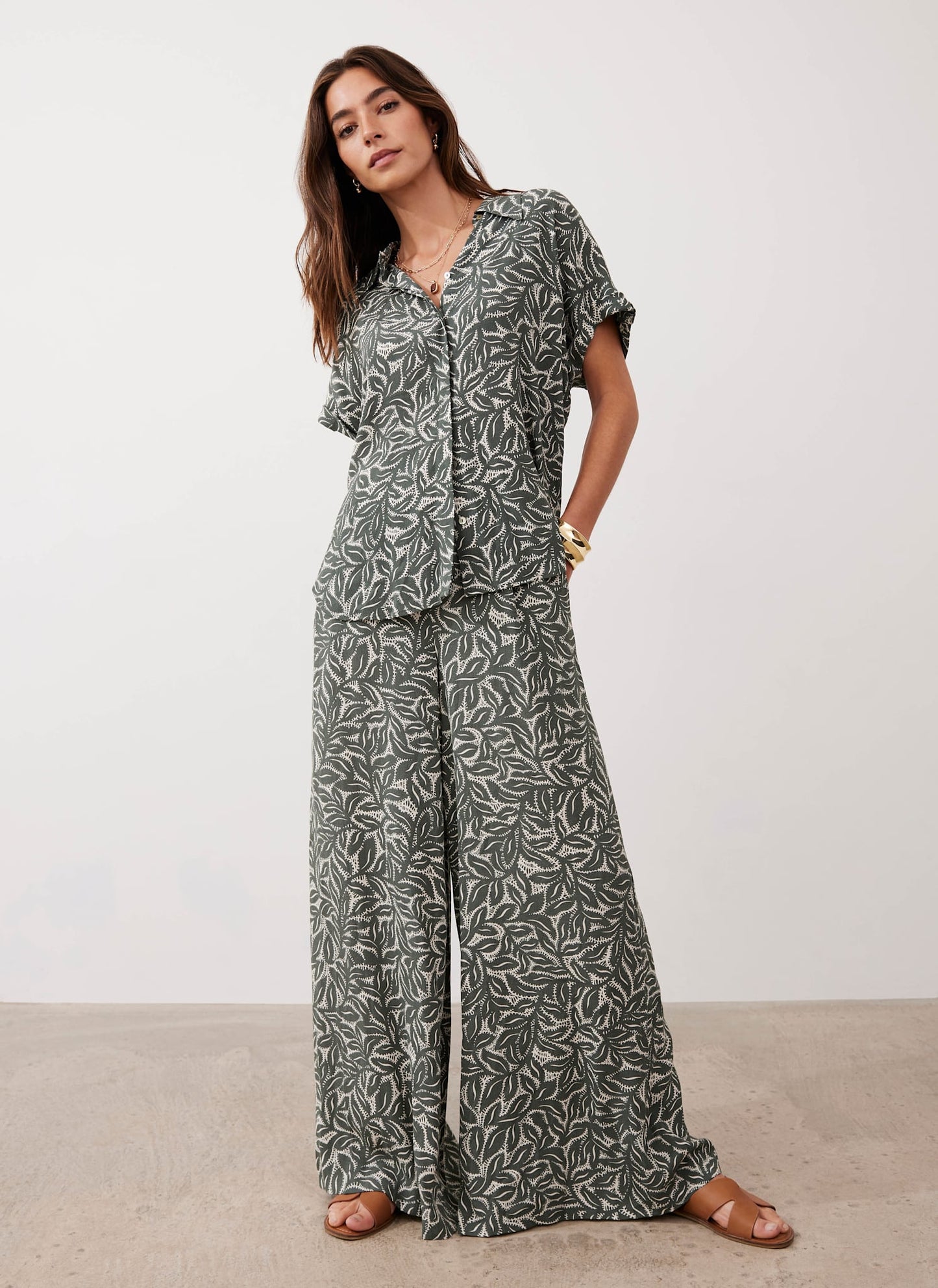 Green Leaf Print Wide Trousers