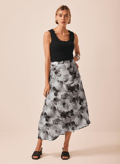 Grey Floral Print Midi Skirt