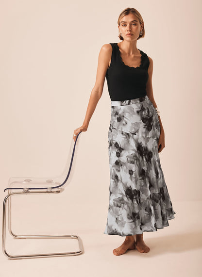 Grey Floral Print Midi Skirt
