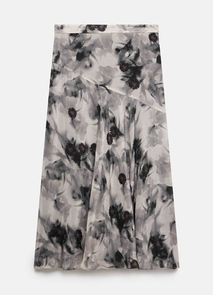 Grey Floral Print Midi Skirt