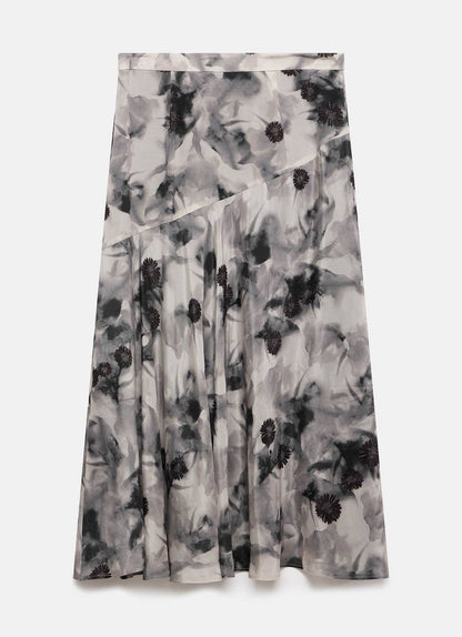 Grey Floral Print Midi Skirt