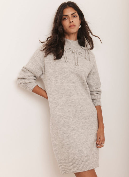 Grey Knit Bow Jumper Dress