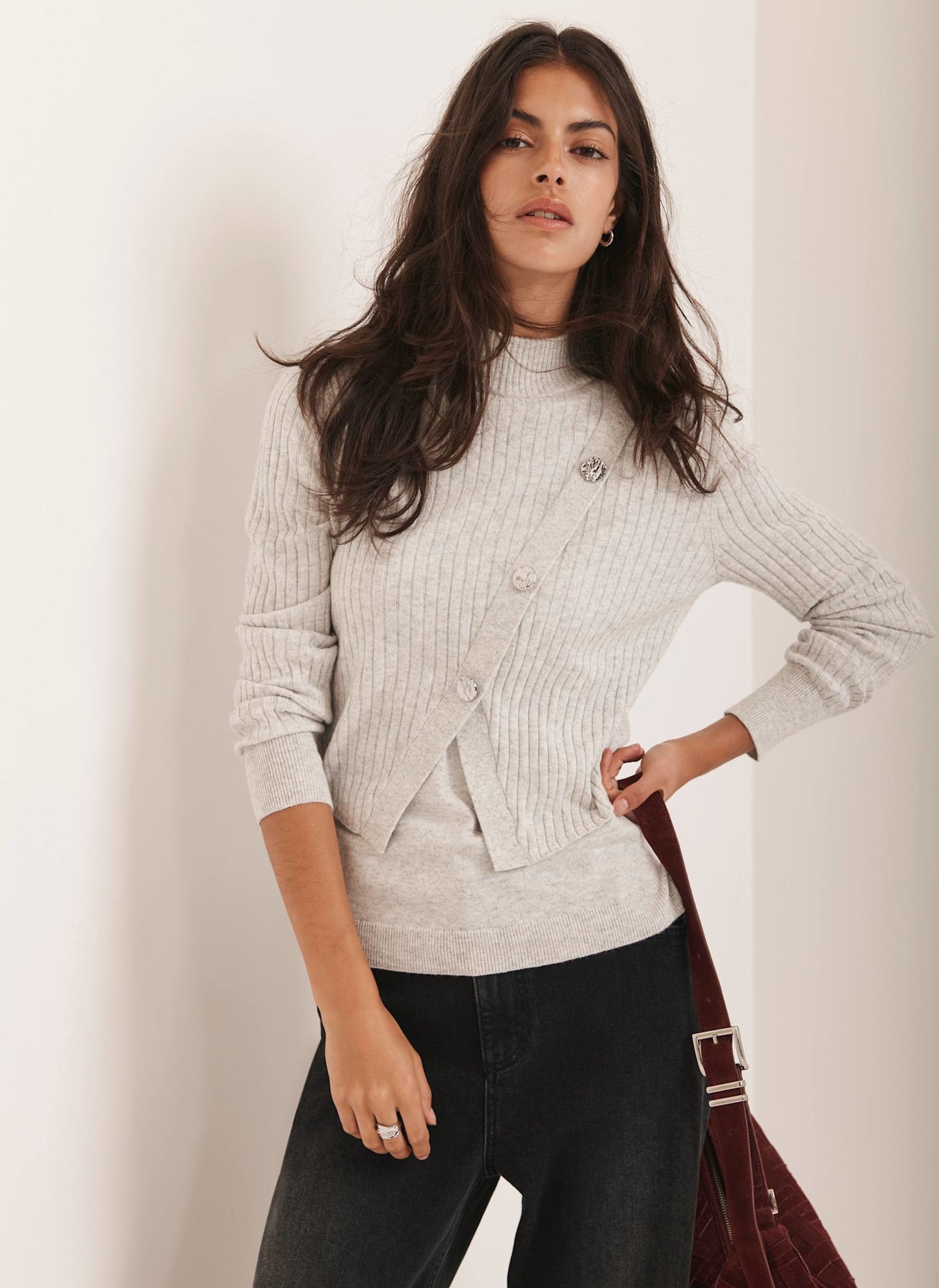 Grey Cotton Blend Ribbed Jumper