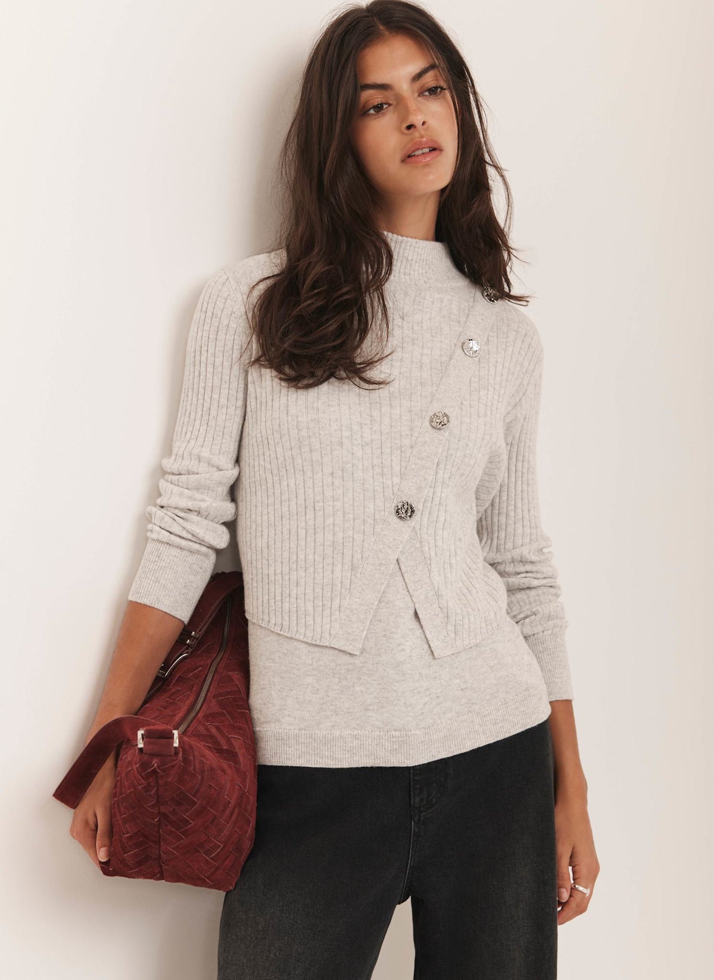 Grey Cotton Blend Ribbed Jumper