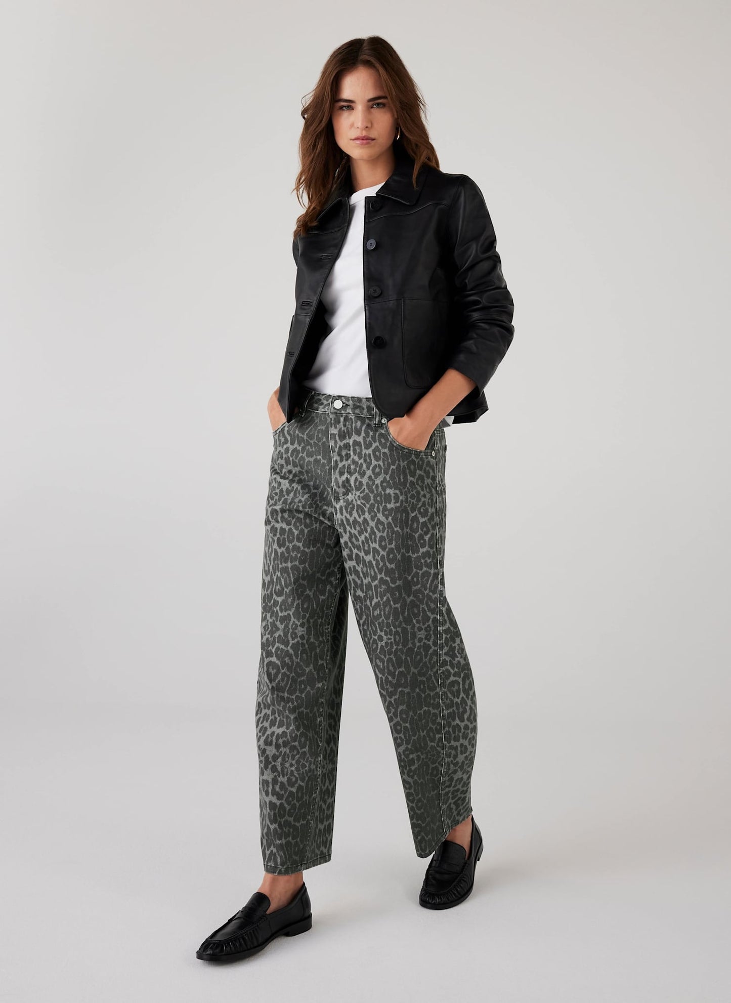Grey Leopard Print Barrel Leg Jeans