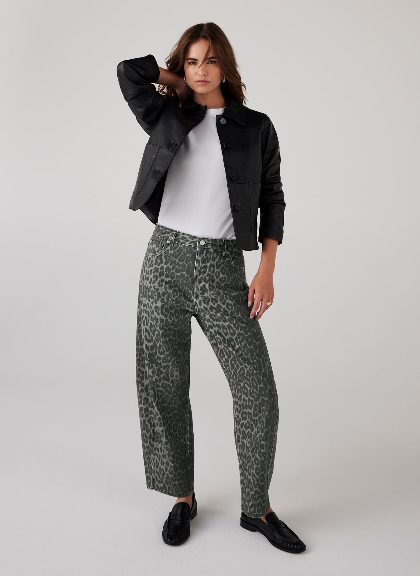 Grey Leopard Print Barrel Leg Jeans