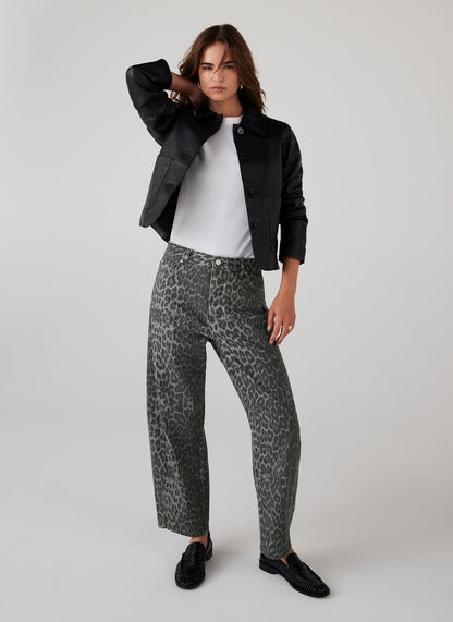 Grey Leopard Print Barrel Leg Jeans