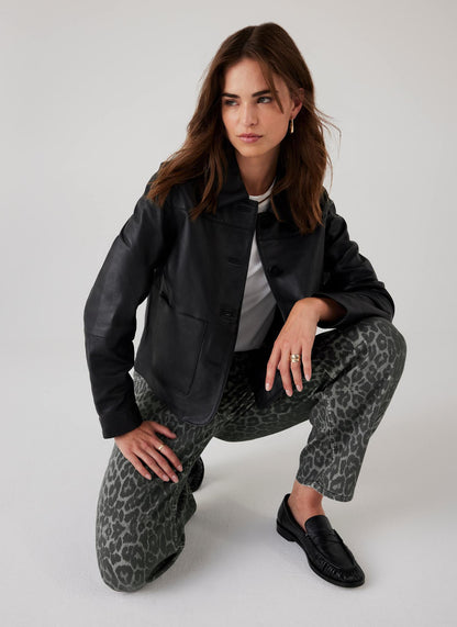 Grey Leopard Print Barrel Leg Jeans