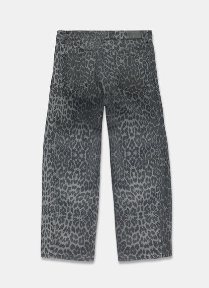 Grey Leopard Print Barrel Leg Jeans