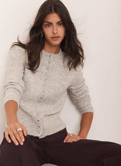 Grey Wool Blend Button Cardigan