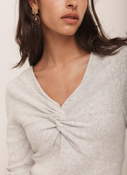 Grey Cotton Blend Twist Front Knit Top