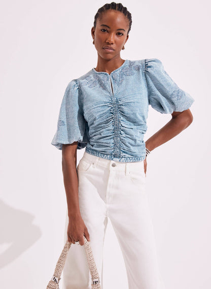 Indigo Denim Embroidered Top