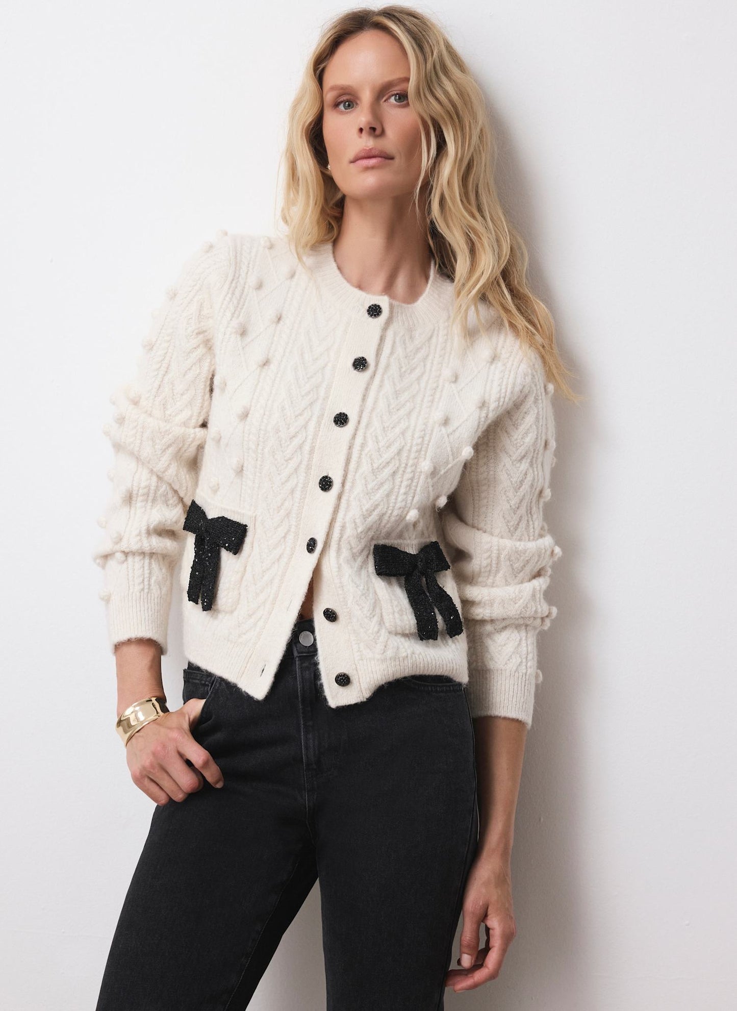 Cream Bow Detail Wool Blend Cardigan