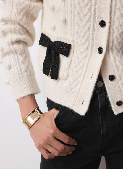 Cream Bow Detail Wool Blend Cardigan