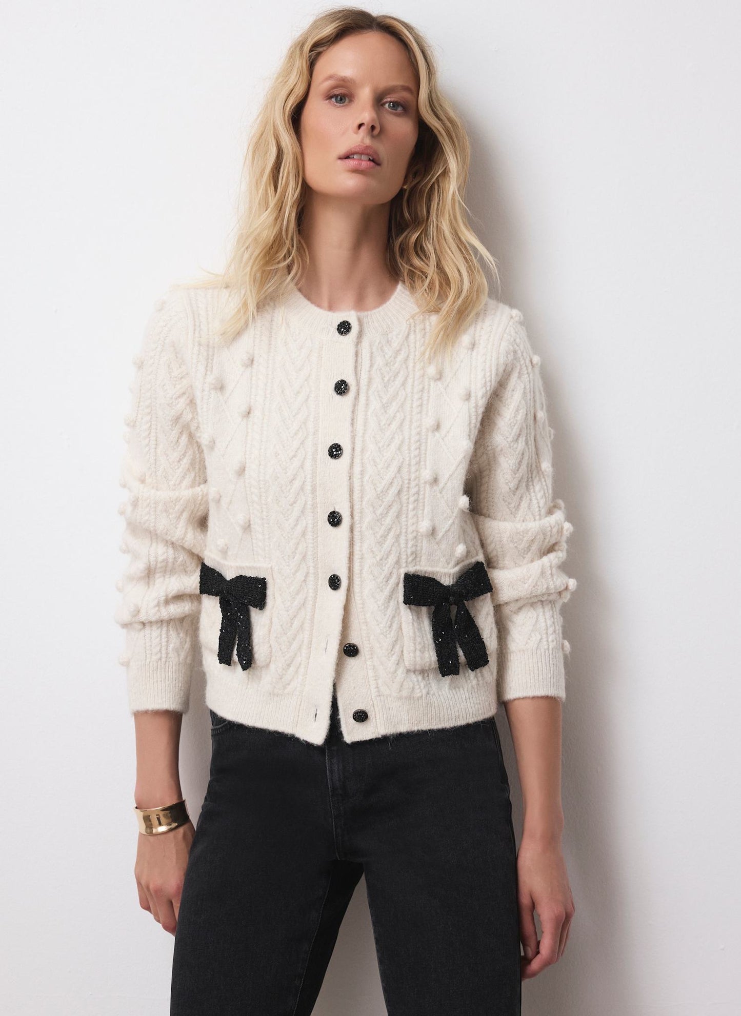 Cream Bow Detail Wool Blend Cardigan