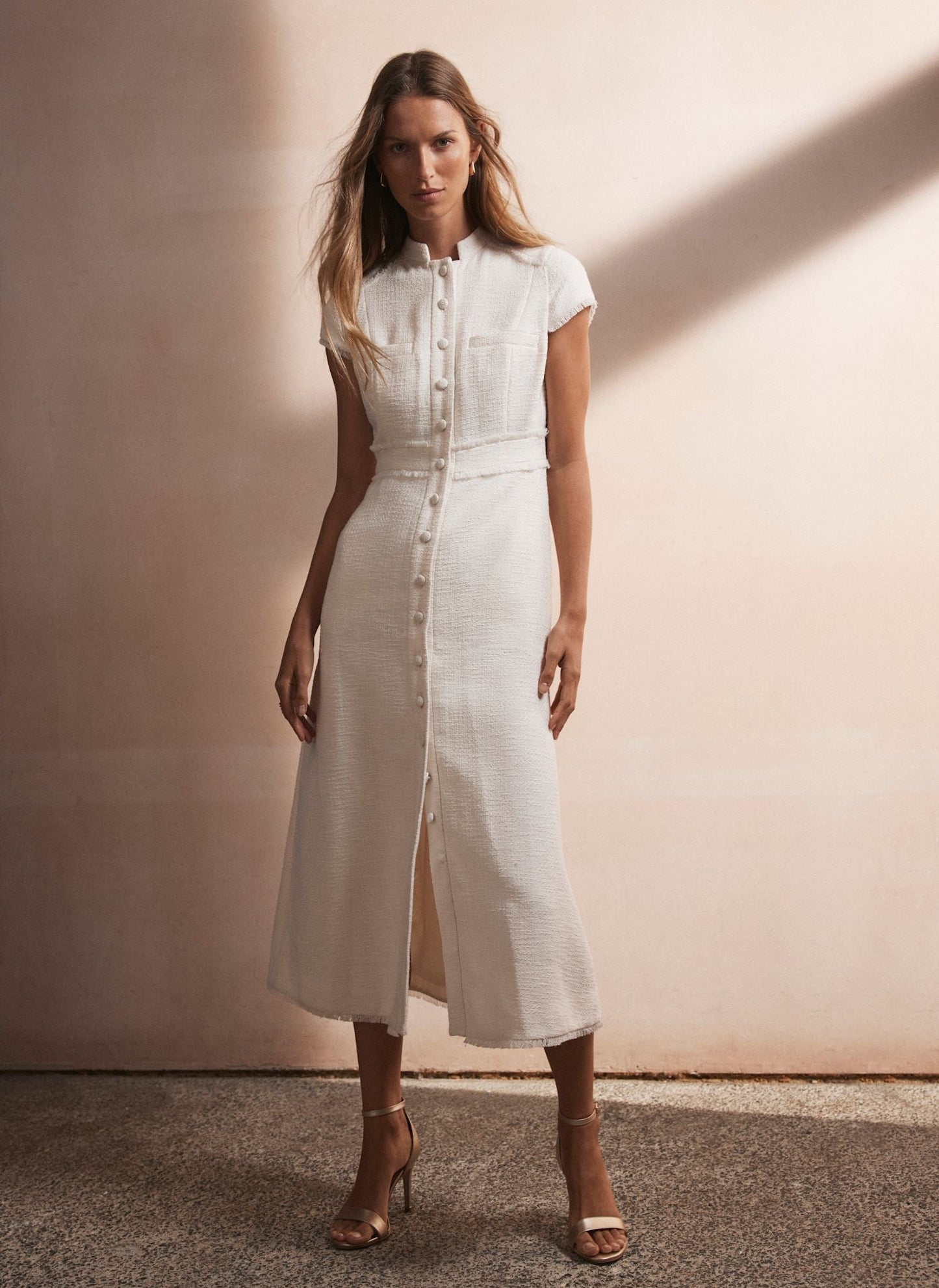 Cream Boucle Midi Dress