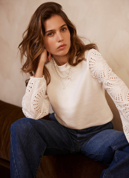 White Broderie Anglaise Detail Sweatshirt