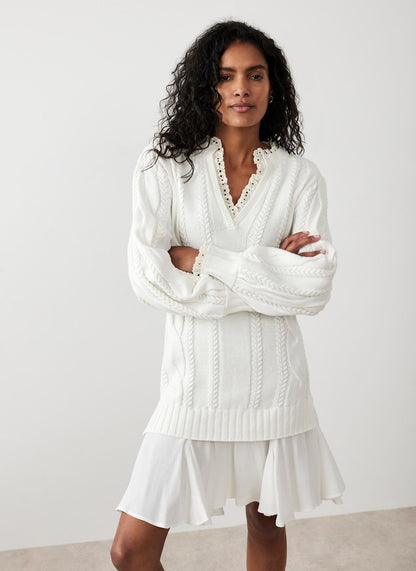 White Cable Knit Gathered Hem Mini Dress