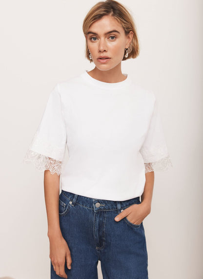 White Cotton Lace Trim T-Shirt